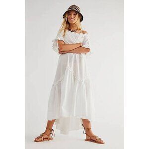 Free People Women Harriet Dress XS White Ruffle Cottage Puff Sleeve Midi Boho